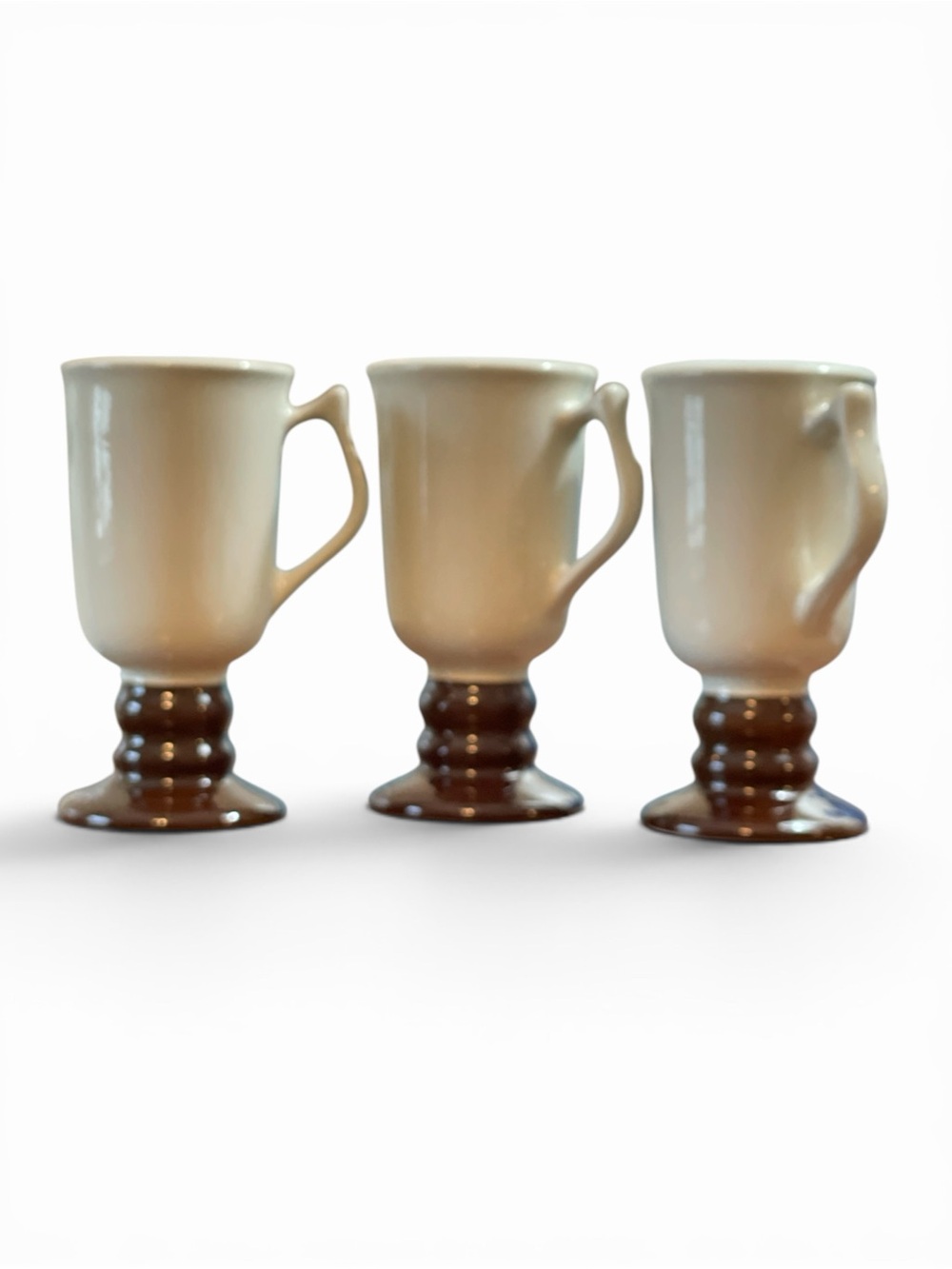 Hall China Cappuccino Mugs #1273 Set of 3 White & Brown Pedestal Coffee Cups Vtg